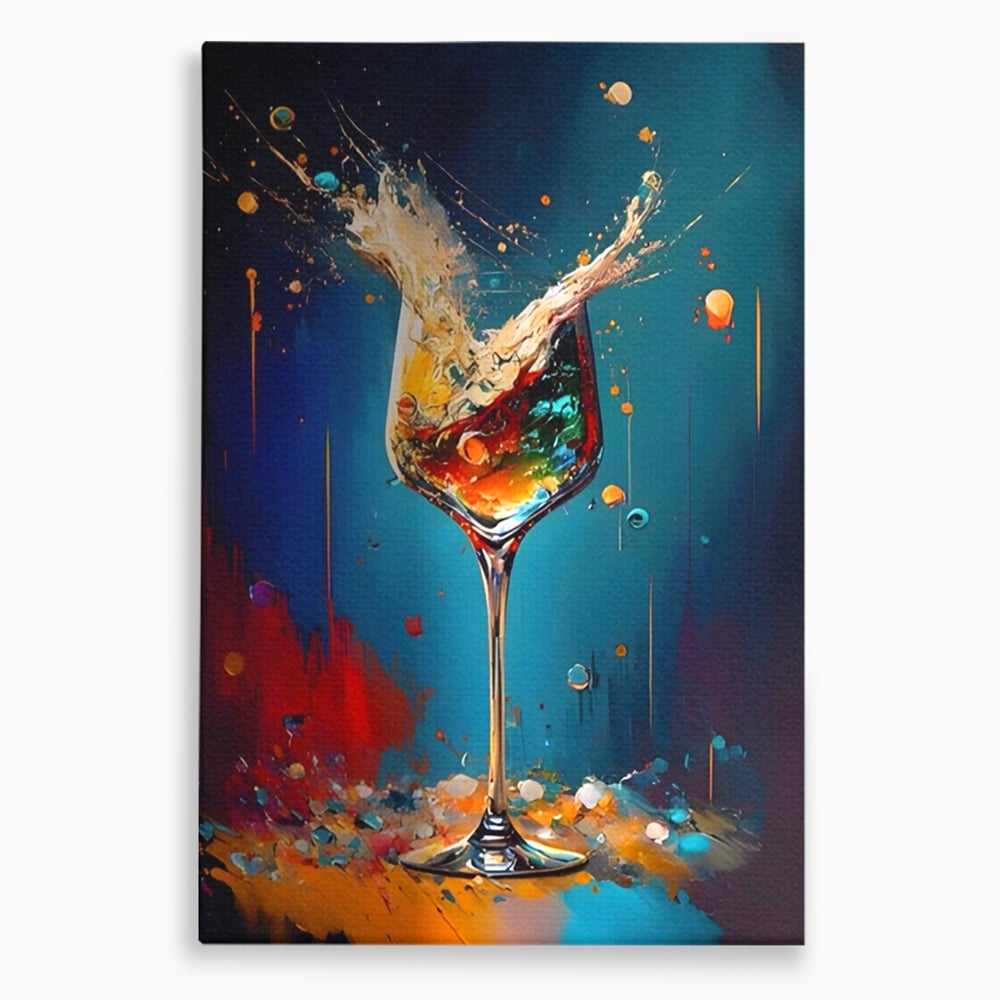 Tablou canvas cu tablou canvas cu pahar de cocktail si stropi colorati, fara rama, pe sasiu de lemn